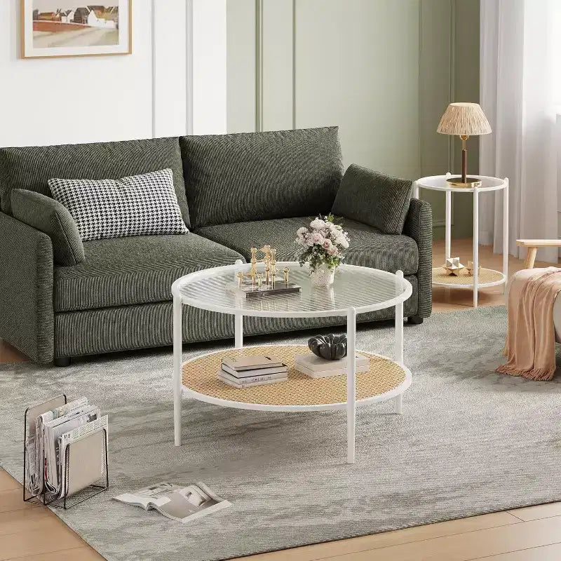 Acekool Boho Round Coffee Table, 30 Water-Wave Glass Top, 2-Tier Faux Rattan Storage, Metal Frame