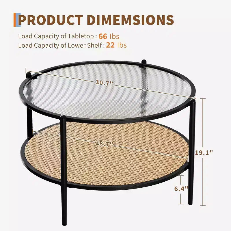 Acekool Boho Round Coffee Table, 30 Water-Wave Glass Top, 2-Tier Faux Rattan Storage, Metal Frame