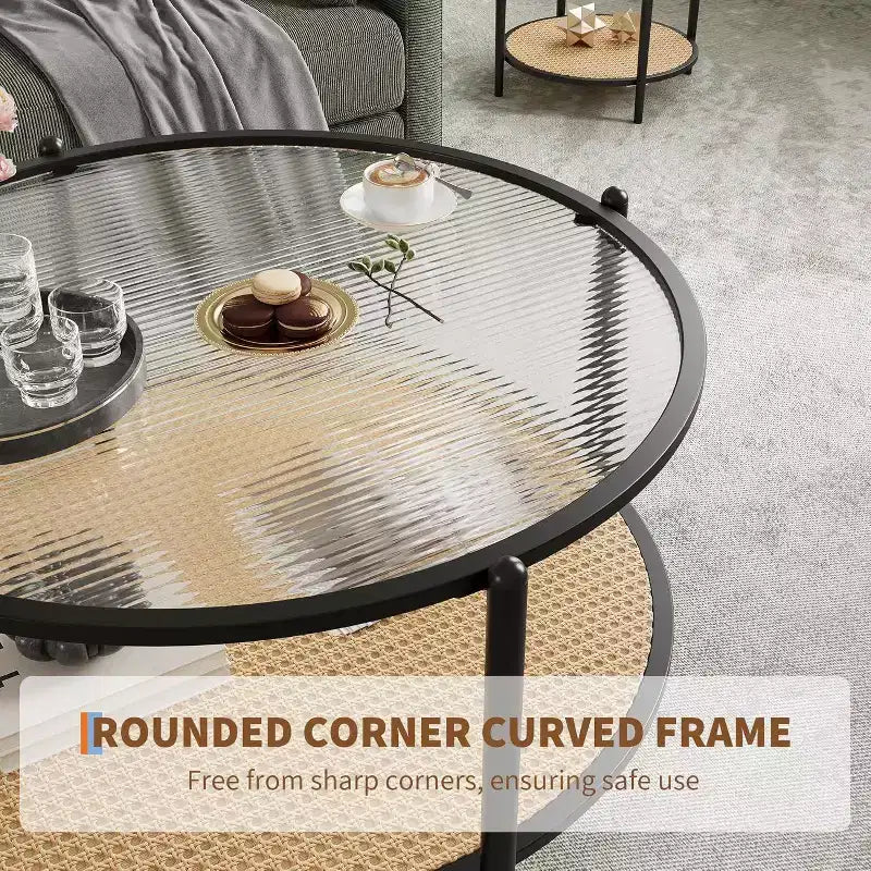 Acekool Boho Round Coffee Table, 30 Water-Wave Glass Top, 2-Tier Faux Rattan Storage, Metal Frame