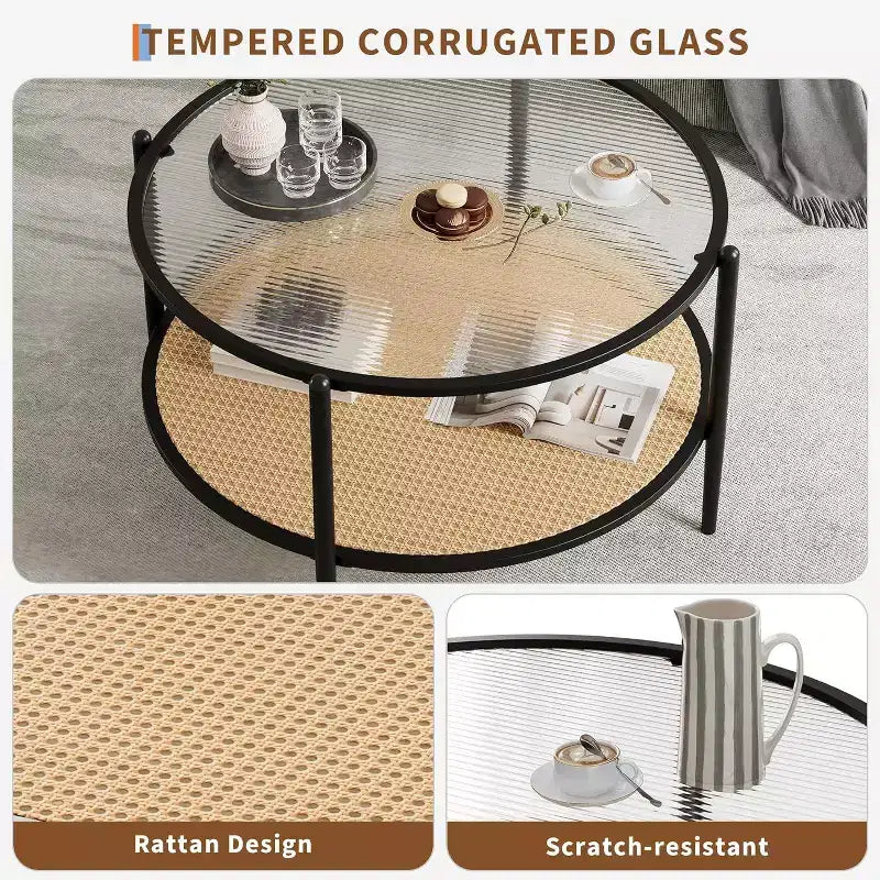Acekool Boho Round Coffee Table, 30 Water-Wave Glass Top, 2-Tier Faux Rattan Storage, Metal Frame
