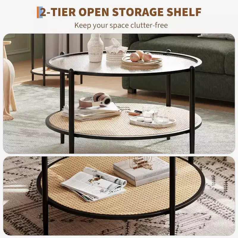 Acekool Boho Round Coffee Table, 30 Water-Wave Glass Top, 2-Tier Faux Rattan Storage, Metal Frame