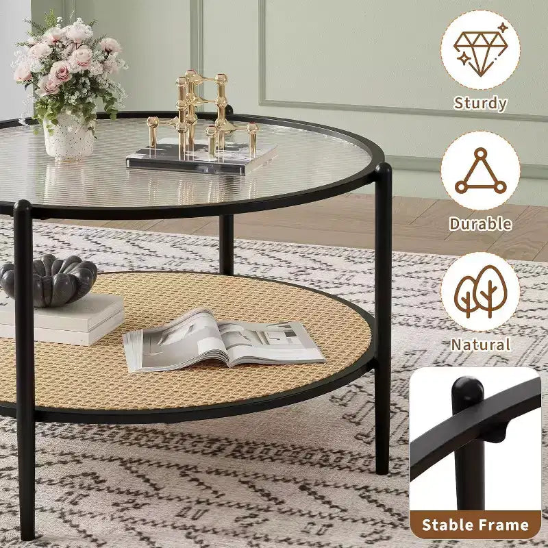 Acekool Boho Round Coffee Table, 30 Water-Wave Glass Top, 2-Tier Faux Rattan Storage, Metal Frame