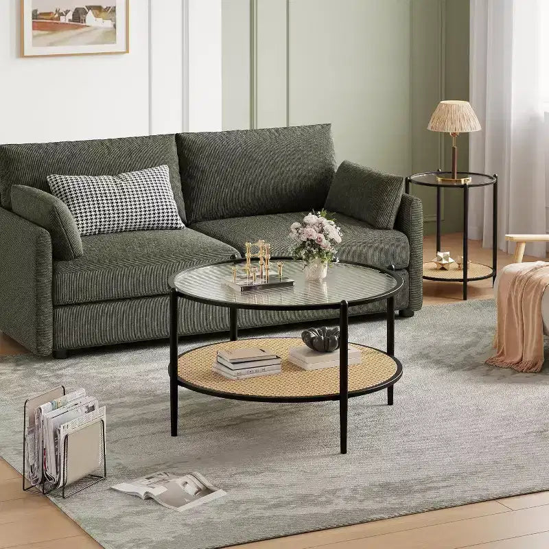 Acekool Boho Round Coffee Table, 30 Water-Wave Glass Top, 2-Tier Faux Rattan Storage, Metal Frame