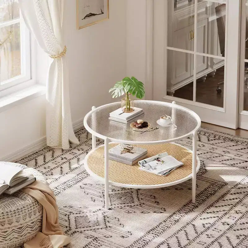Acekool Boho Round Coffee Table, 30 Water-Wave Glass Top, 2-Tier Faux Rattan Storage, Metal Frame
