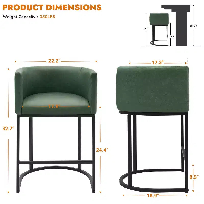 NEWLAYOUT Counter Height Bar Stools Set of 2, 24 Inch Seat Height Barstools for Dining Room, PU Leather Barstools