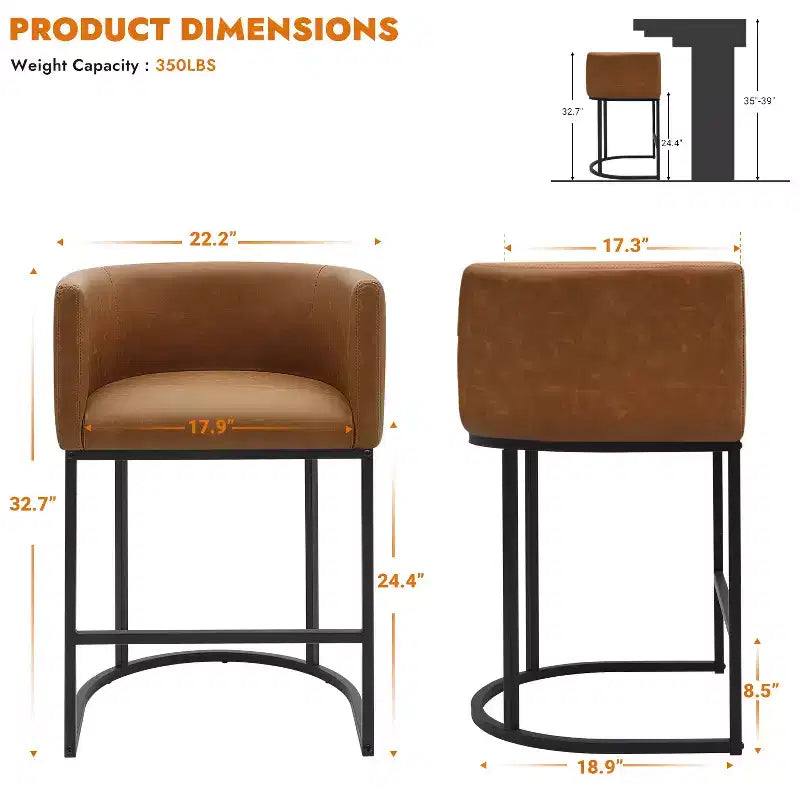 NEWLAYOUT Counter Height Bar Stools Set of 2, 24 Inch Seat Height Barstools for Dining Room, PU Leather Barstools