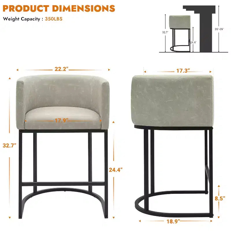 NEWLAYOUT Counter Height Bar Stools Set of 2, 24 Inch Seat Height Barstools for Dining Room, PU Leather Barstools