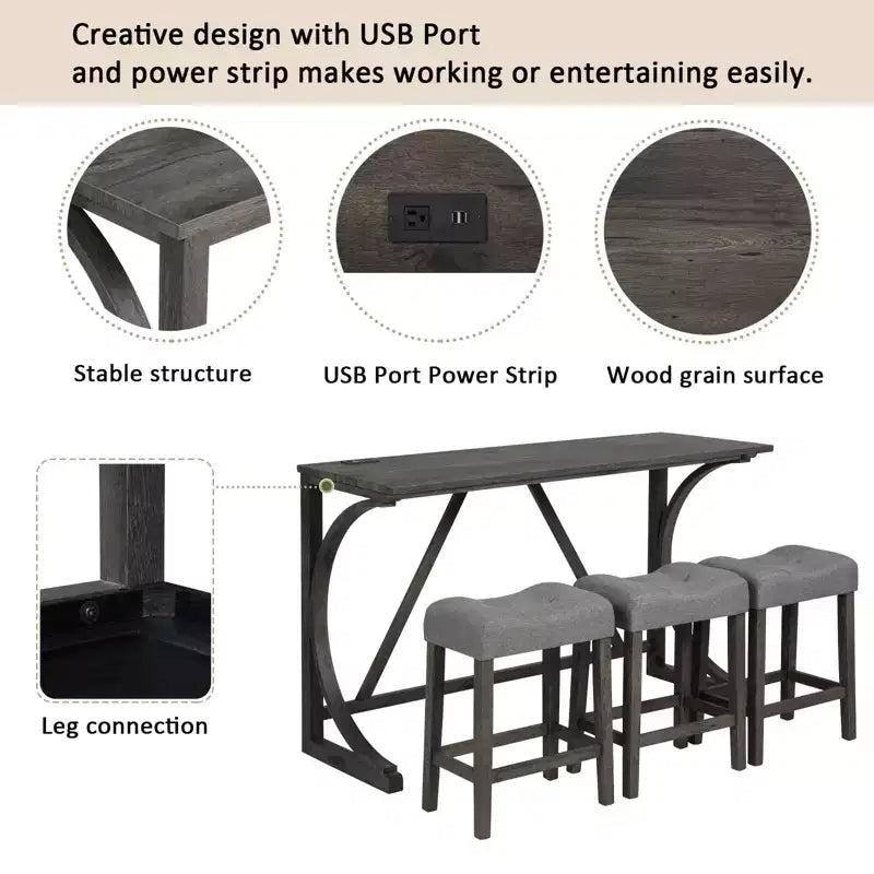 GDFStudio Kittson 4-Piece Bar Table Set with Power Outlet