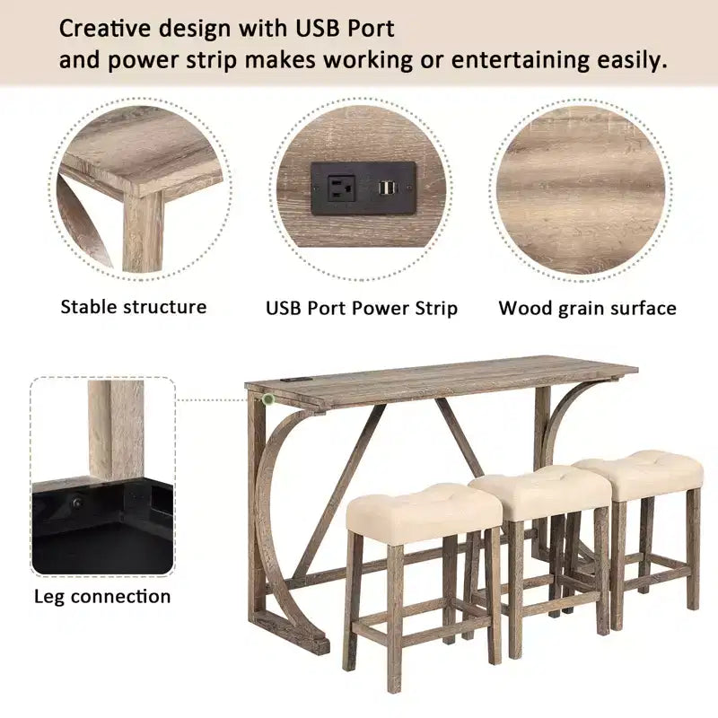 GDFStudio Kittson 4-Piece Bar Table Set with Power Outlet