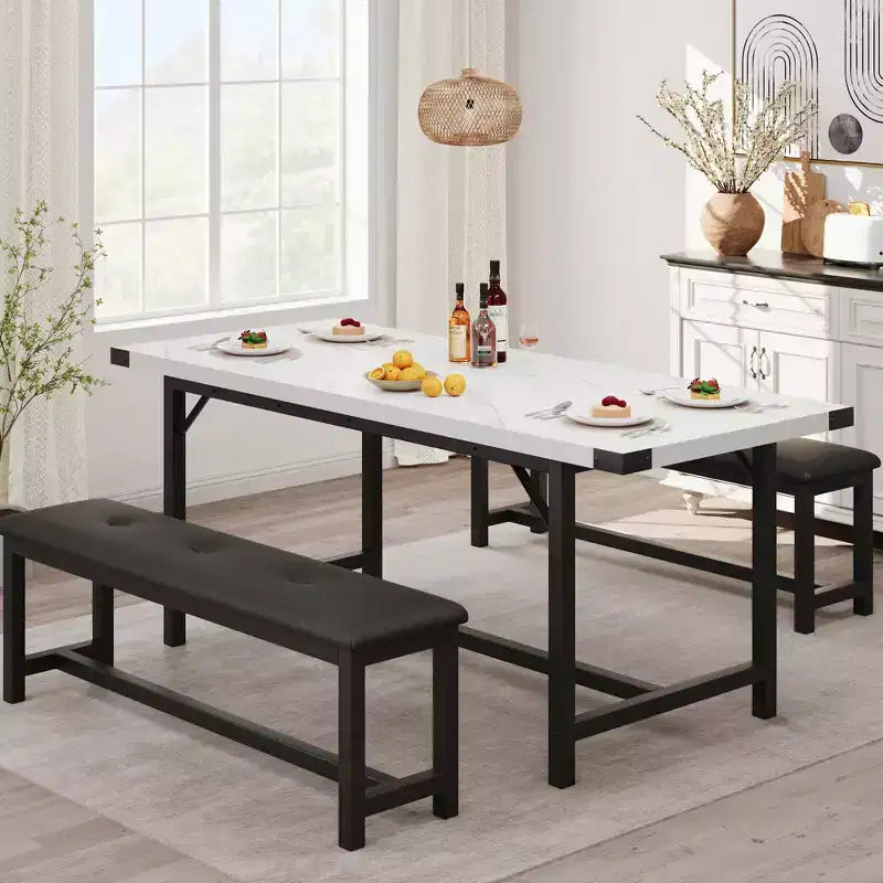 3-Piece Dining Table Set , Kitchen Table Set with 2 Benches, Dining Room Table Set for 4-6 People for Apartment, Kitchen, Living Room