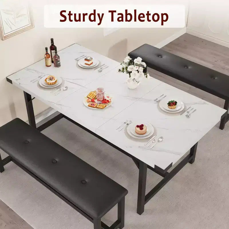 3-Piece Dining Table Set , Kitchen Table Set with 2 Benches, Dining Room Table Set for 4-6 People for Apartment, Kitchen, Living Room