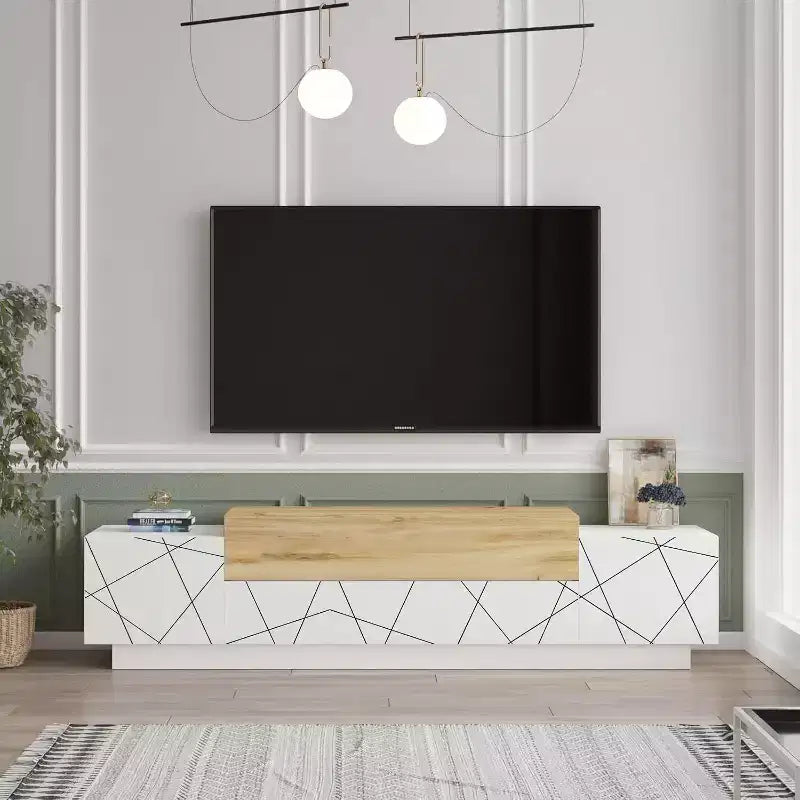 HomeStock Floyd TV Unit Stand White Felt - UV Print Entertainment Center Console 63 Inches with Storage Shelves & Doors