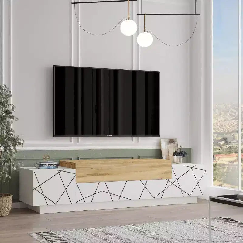HomeStock Floyd TV Unit Stand White Felt - UV Print Entertainment Center Console 63 Inches with Storage Shelves & Doors