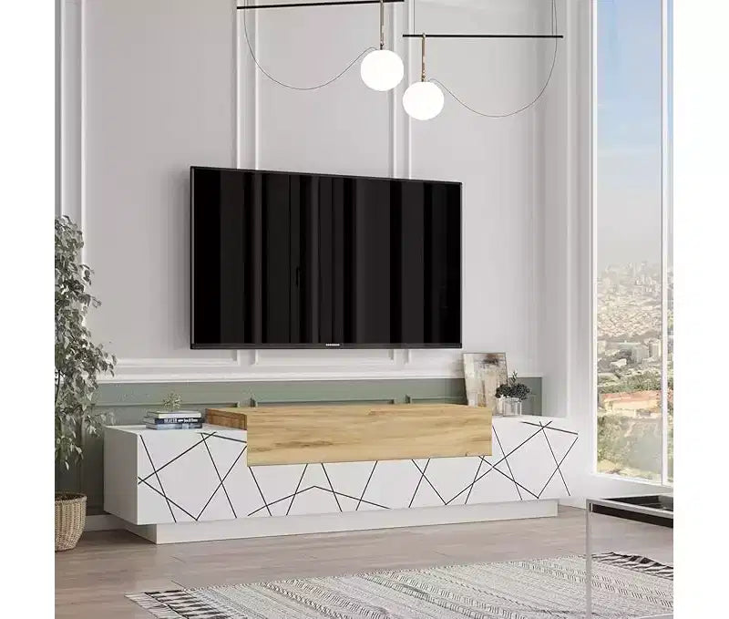 HomeStock Floyd TV Unit Stand White Felt - UV Print Entertainment Center Console 63 Inches with Storage Shelves & Doors