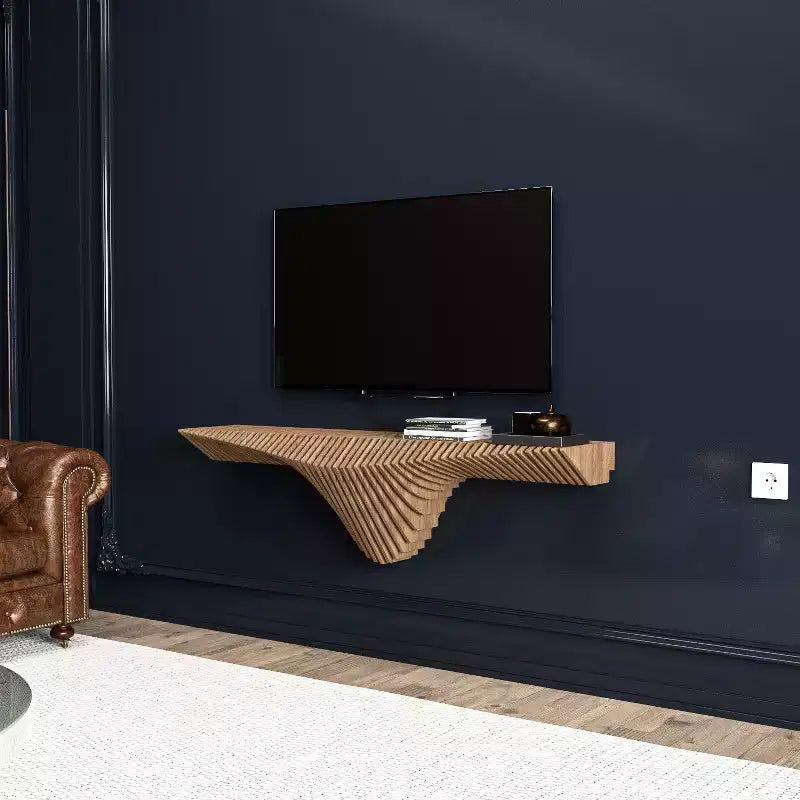HomeStock Parametric 50 inch Floating Shelf TV Unit Modern Geometric Wooden Wall Piece Decor Natural Oak Color 3D Wavy Living and Gaming Room Shelf