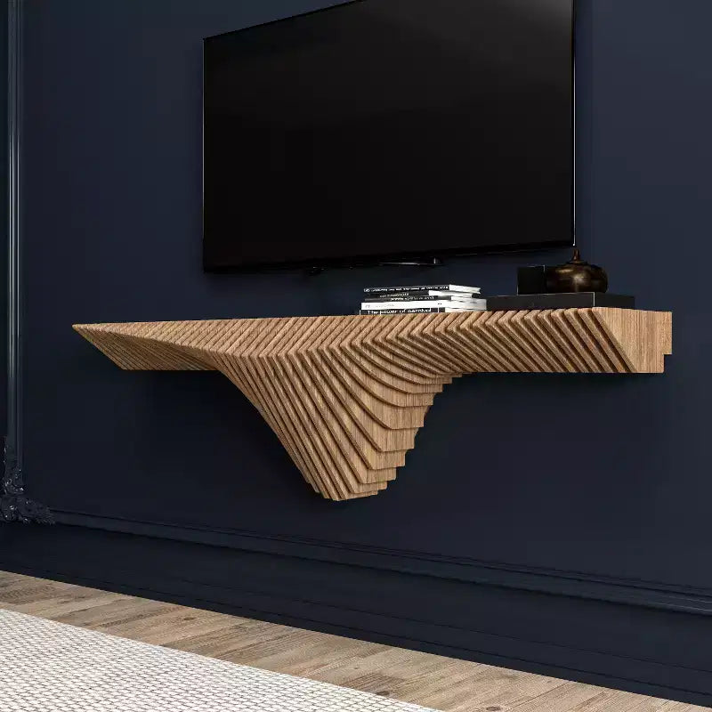 HomeStock Parametric 50 inch Floating Shelf TV Unit Modern Geometric Wooden Wall Piece Decor Natural Oak Color 3D Wavy Living and Gaming Room Shelf