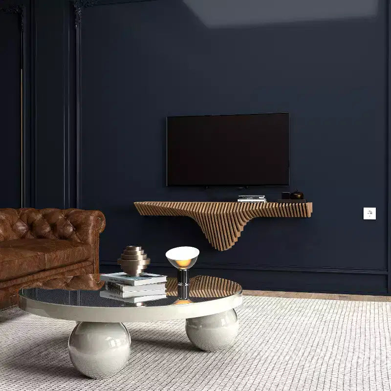 HomeStock Parametric 50 inch Floating Shelf TV Unit Modern Geometric Wooden Wall Piece Decor Natural Oak Color 3D Wavy Living and Gaming Room Shelf