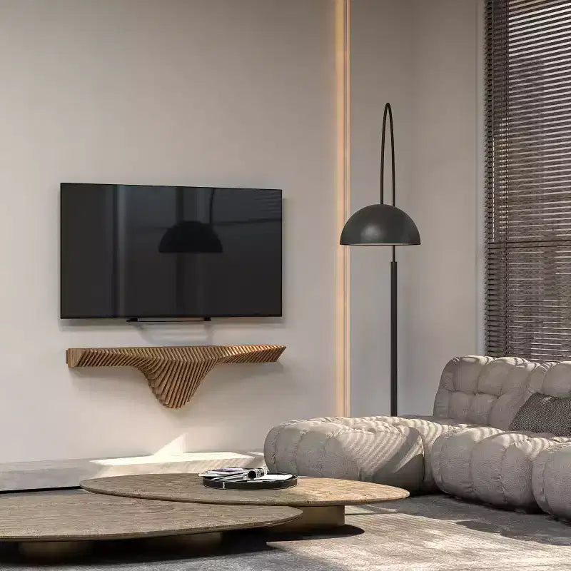 HomeStock Parametric 50 inch Floating Shelf TV Unit Modern Geometric Wooden Wall Piece Decor Natural Oak Color 3D Wavy Living and Gaming Room Shelf