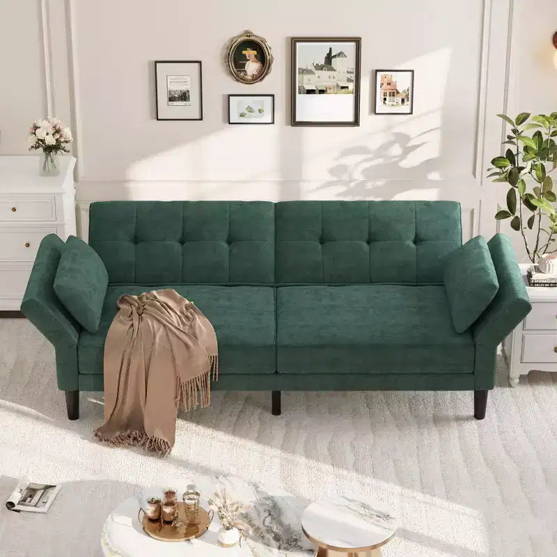 89 Futon Sofa Bed, Modern Sleeper Sofa with Adjustable Backrest & Armrest, Convertible Futon Couch Bed with 2 Pillows for Living Room, Bedroom
