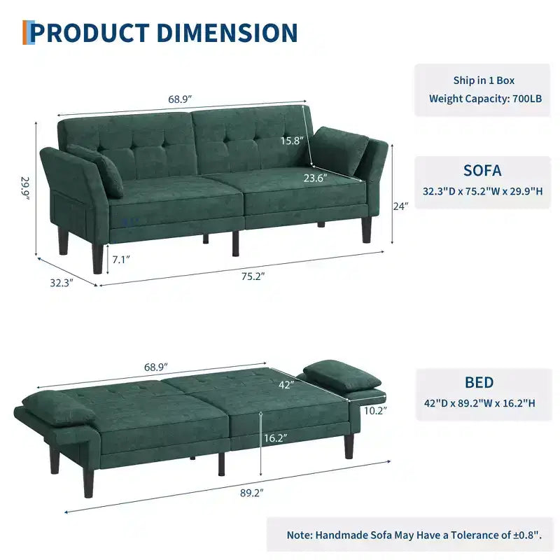 89 Futon Sofa Bed, Modern Sleeper Sofa with Adjustable Backrest & Armrest, Convertible Futon Couch Bed with 2 Pillows for Living Room, Bedroom