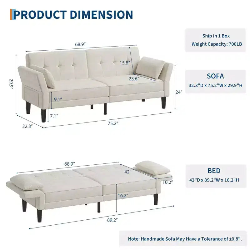 89 Futon Sofa Bed, Modern Sleeper Sofa with Adjustable Backrest & Armrest, Convertible Futon Couch Bed with 2 Pillows for Living Room, Bedroom