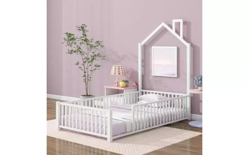 Bellemave Twin Size Metal House Platform Bed with Guardrail and Chimney, White