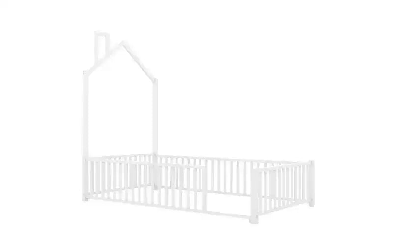 Bellemave Twin Size Metal House Platform Bed with Guardrail and Chimney, White