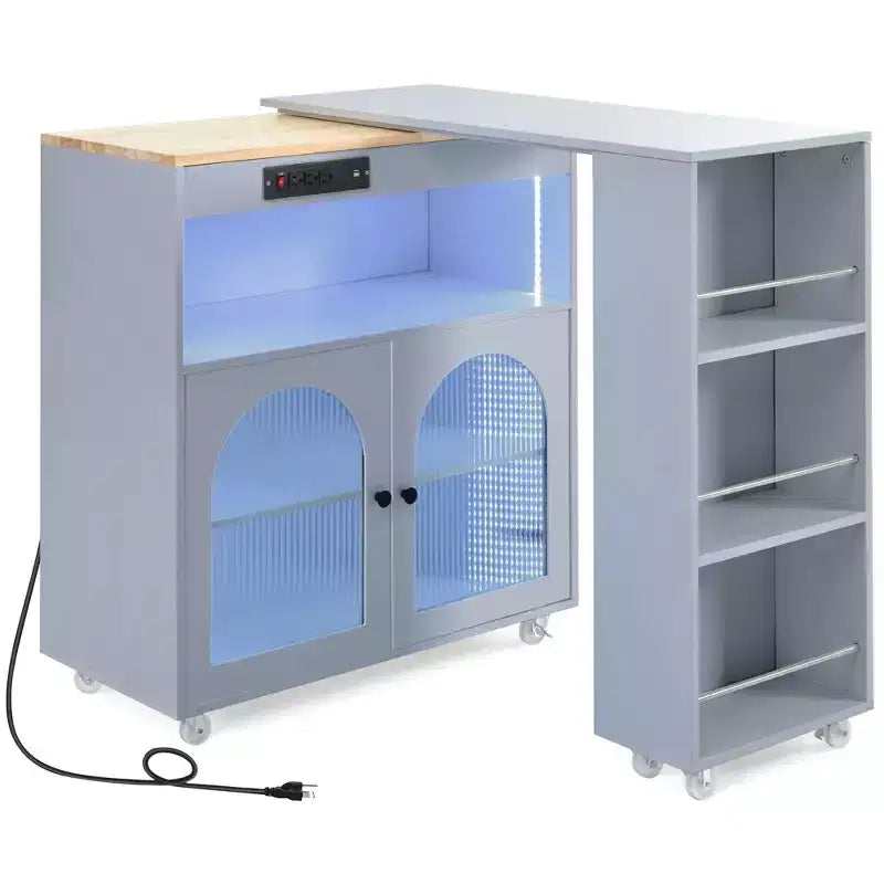 Rolling Kitchen Island with Extended Table, Kitchen Island on Wheels with LED Lights, Power Outlets, 2 Fluted Glass Doors