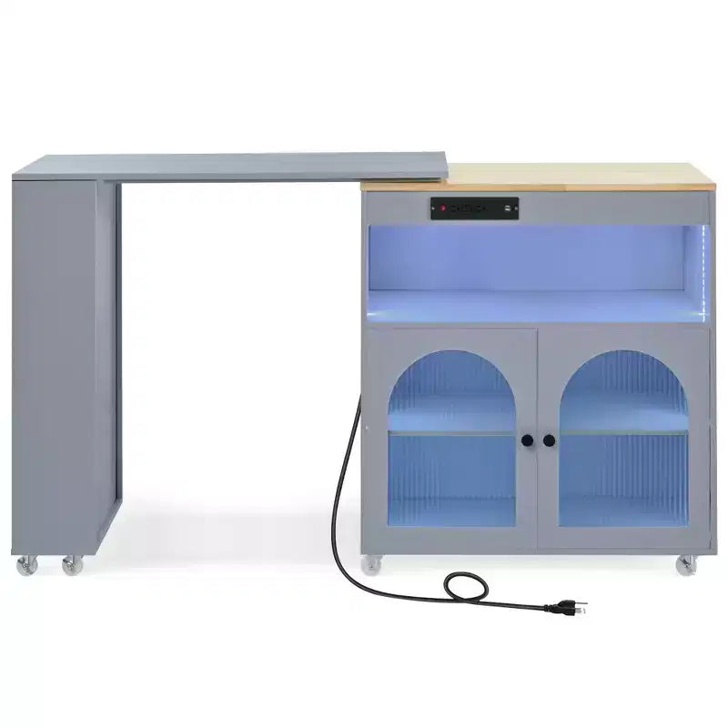 Rolling Kitchen Island with Extended Table, Kitchen Island on Wheels with LED Lights, Power Outlets, 2 Fluted Glass Doors