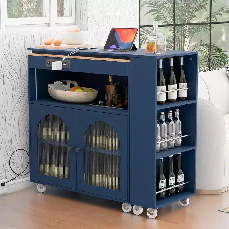 Rolling Kitchen Island with Extended Table, Kitchen Island on Wheels with LED Lights, Power Outlets, 2 Fluted Glass Doors