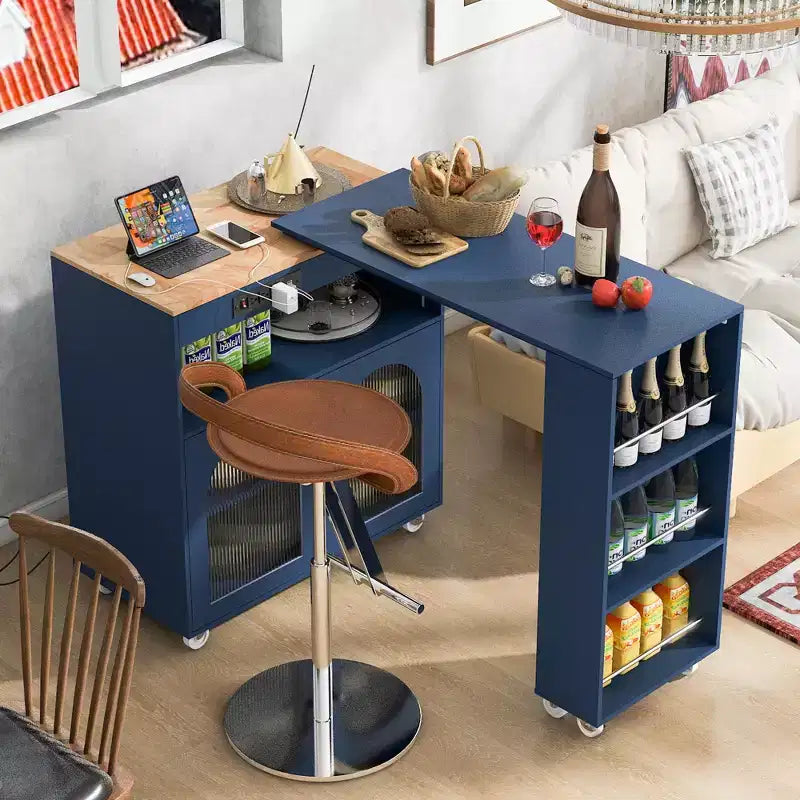 Rolling Kitchen Island with Extended Table, Kitchen Island on Wheels with LED Lights, Power Outlets, 2 Fluted Glass Doors