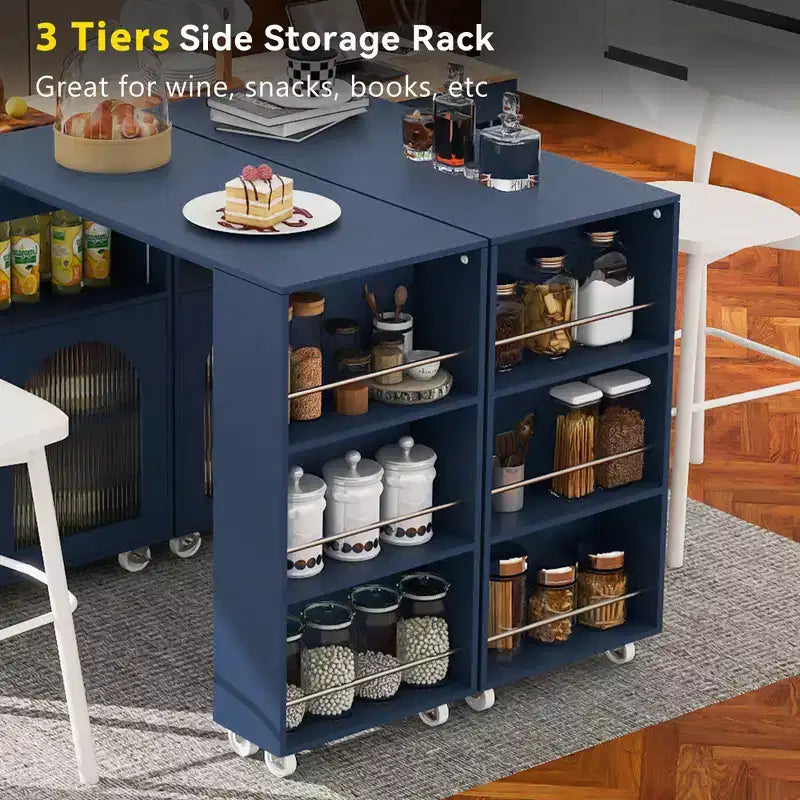 Rolling Kitchen Island with Extended Table, Kitchen Island on Wheels with LED Lights, Power Outlets, 2 Fluted Glass Doors