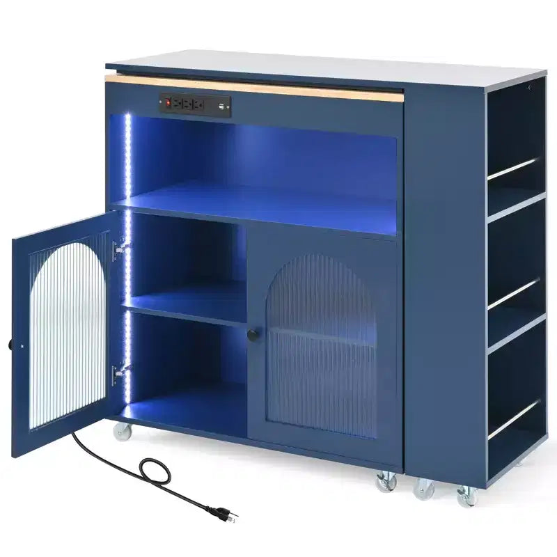 Rolling Kitchen Island with Extended Table, Kitchen Island on Wheels with LED Lights, Power Outlets, 2 Fluted Glass Doors