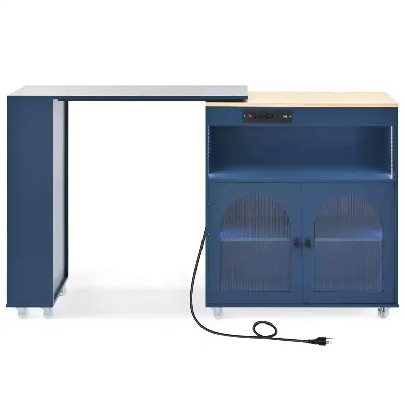 Rolling Kitchen Island with Extended Table, Kitchen Island on Wheels with LED Lights, Power Outlets, 2 Fluted Glass Doors