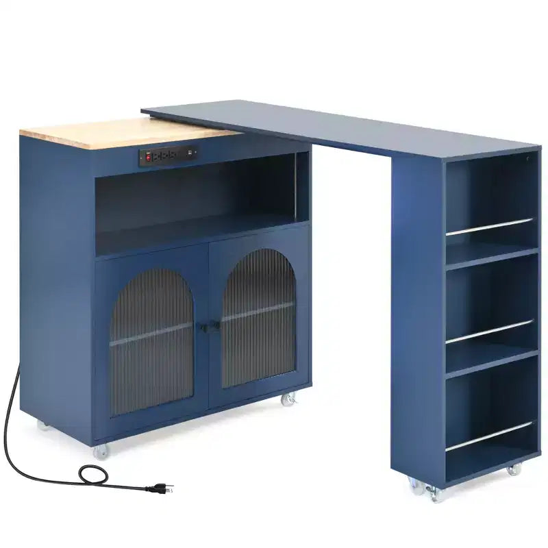 Rolling Kitchen Island with Extended Table, Kitchen Island on Wheels with LED Lights, Power Outlets, 2 Fluted Glass Doors