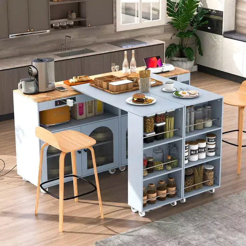Rolling Kitchen Island with Extended Table, Kitchen Island on Wheels with LED Lights, Power Outlets, 2 Fluted Glass Doors