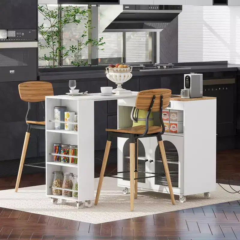 Rolling Kitchen Island with Extended Table, Kitchen Island on Wheels with LED Lights, Power Outlets, 2 Fluted Glass Doors