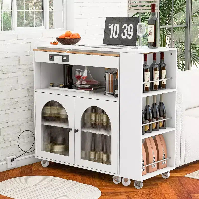 Rolling Kitchen Island with Extended Table, Kitchen Island on Wheels with LED Lights, Power Outlets, 2 Fluted Glass Doors