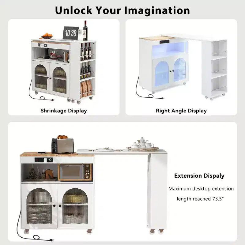 Rolling Kitchen Island with Extended Table, Kitchen Island on Wheels with LED Lights, Power Outlets, 2 Fluted Glass Doors