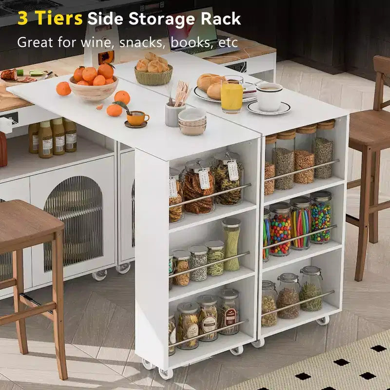Rolling Kitchen Island with Extended Table, Kitchen Island on Wheels with LED Lights, Power Outlets, 2 Fluted Glass Doors