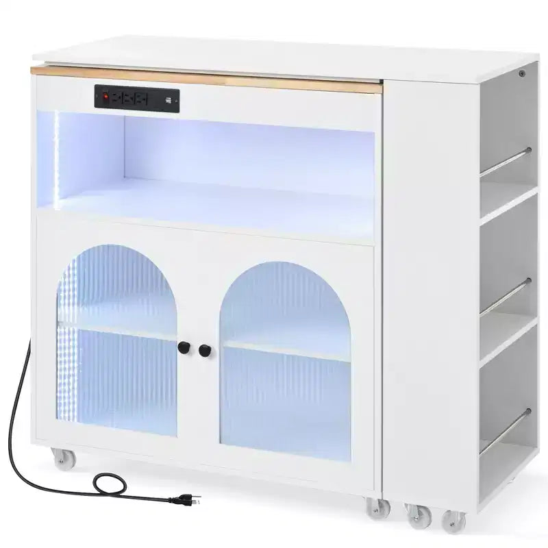 Rolling Kitchen Island with Extended Table, Kitchen Island on Wheels with LED Lights, Power Outlets, 2 Fluted Glass Doors