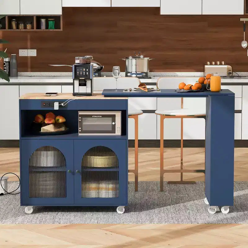 Rolling Kitchen Island with Extended Table, Kitchen Island on Wheels with LED Lights, Power Outlets, 2 Fluted Glass Doors