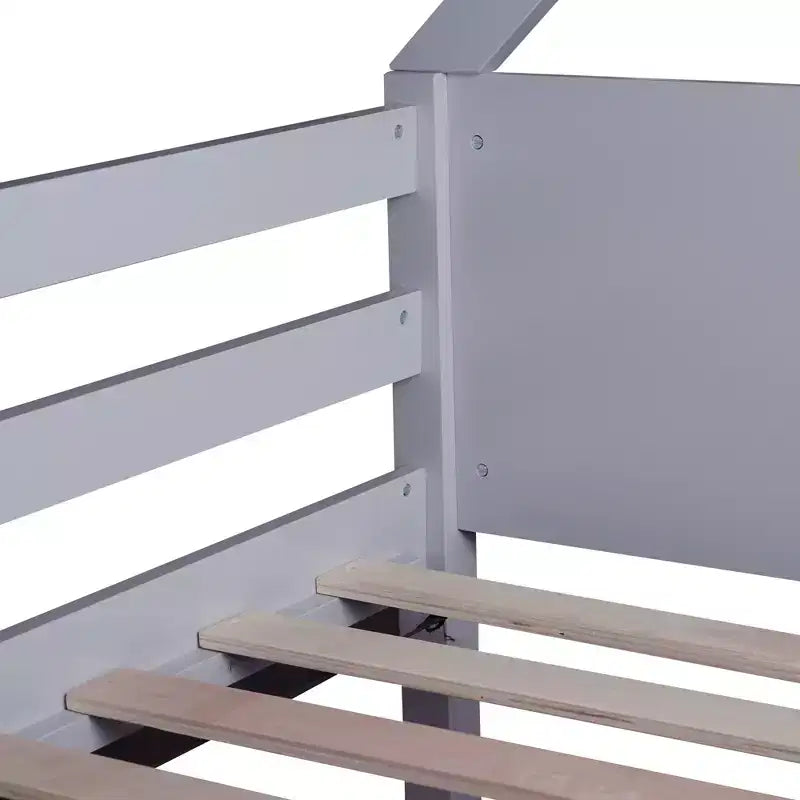 Bellemave Twin House Floor Bunk Bed with Headboards, Footboards and Guardrails, Ladder, Rubber Wood Bunk Bed with Safety Guardrails,Light Grey