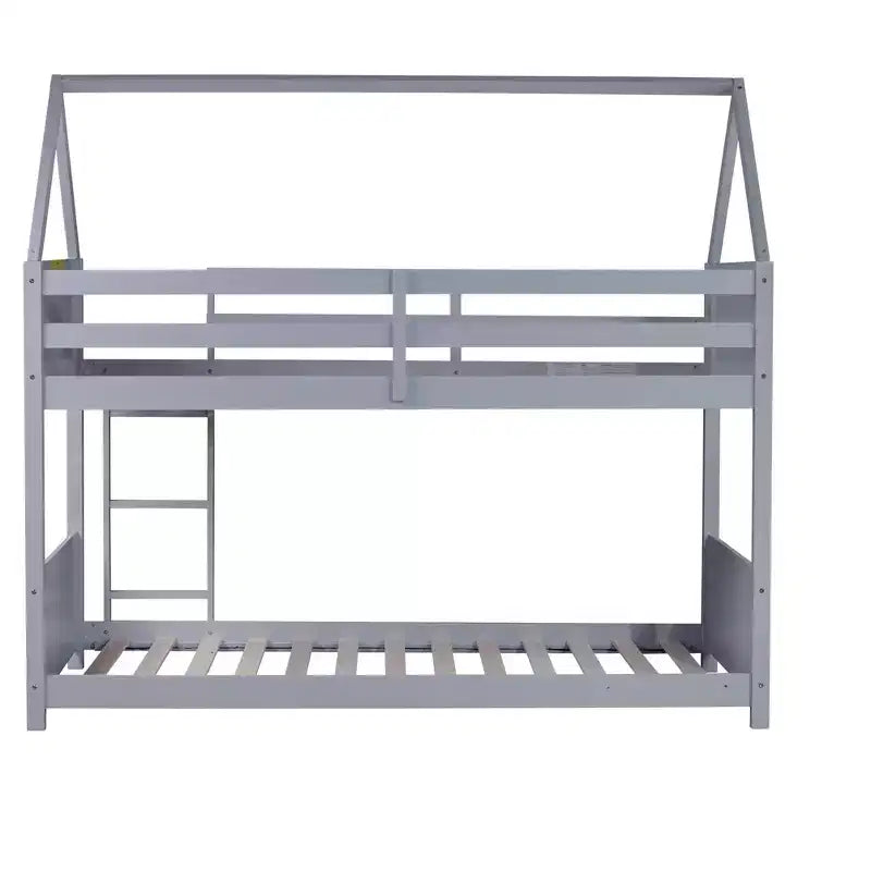 Bellemave Twin House Floor Bunk Bed with Headboards, Footboards and Guardrails, Ladder, Rubber Wood Bunk Bed with Safety Guardrails,Light Grey