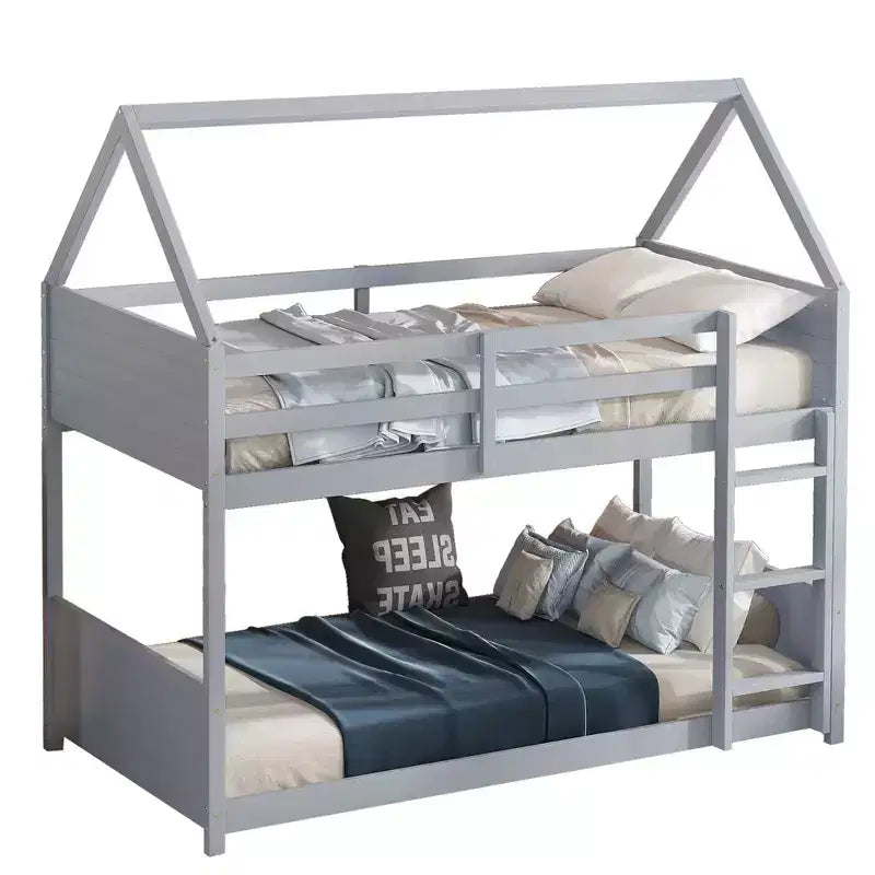 Bellemave Twin House Floor Bunk Bed with Headboards, Footboards and Guardrails, Ladder, Rubber Wood Bunk Bed with Safety Guardrails,Light Grey