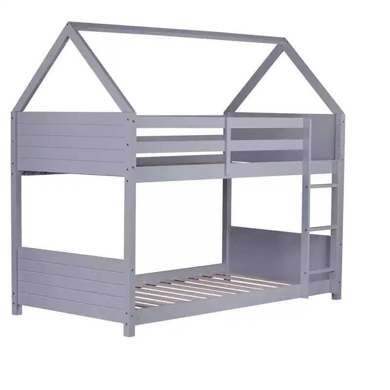 Bellemave Twin House Floor Bunk Bed with Headboards, Footboards and Guardrails, Ladder, Rubber Wood Bunk Bed with Safety Guardrails,Light Grey