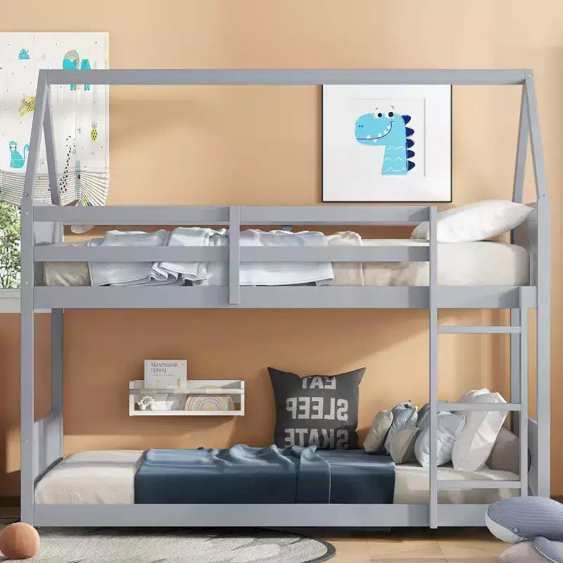 Bellemave Twin House Floor Bunk Bed with Headboards, Footboards and Guardrails, Ladder, Rubber Wood Bunk Bed with Safety Guardrails,Light Grey
