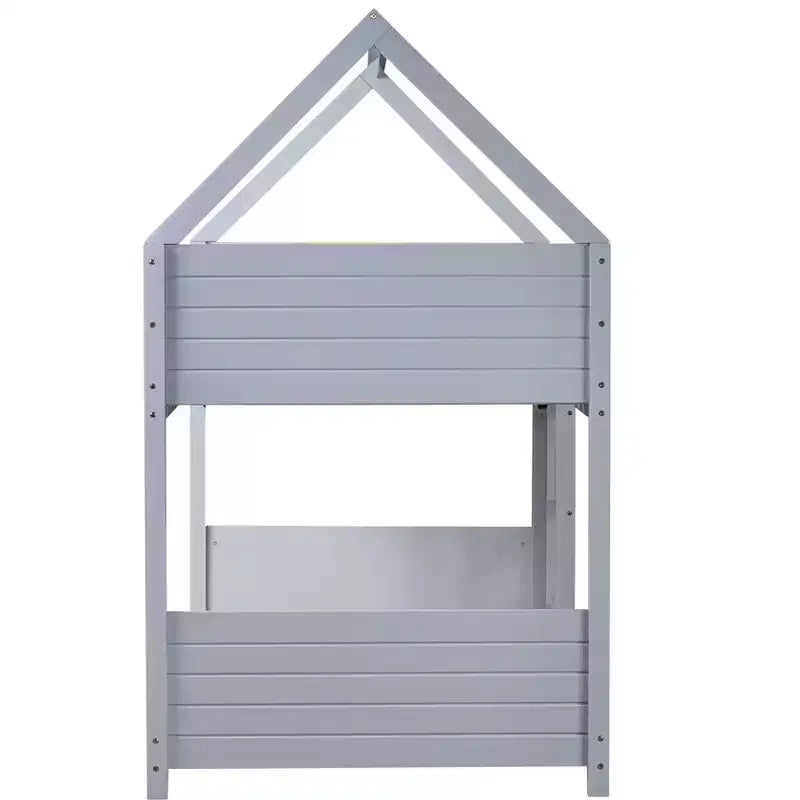 Bellemave Twin House Floor Bunk Bed with Headboards, Footboards and Guardrails, Ladder, Rubber Wood Bunk Bed with Safety Guardrails,Light Grey
