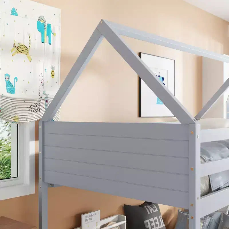 Bellemave Twin House Floor Bunk Bed with Headboards, Footboards and Guardrails, Ladder, Rubber Wood Bunk Bed with Safety Guardrails,Light Grey