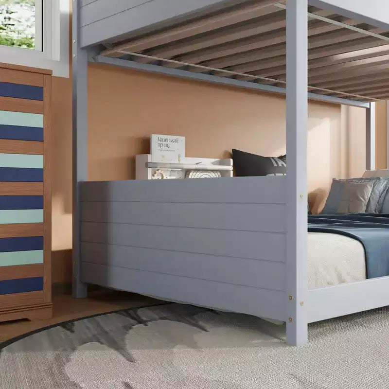 Bellemave Twin House Floor Bunk Bed with Headboards, Footboards and Guardrails, Ladder, Rubber Wood Bunk Bed with Safety Guardrails,Light Grey